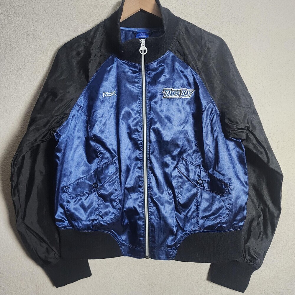Tampa Bay Lightning Jacket Womens XL Blue Black NHL Hockey Reebok Satin Bomber